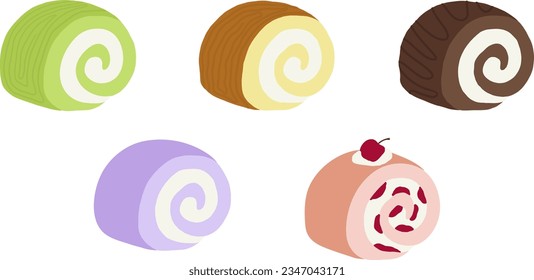 Various cake roll flavours such as chocolate, matcha, original, taro and strawberry for sweet dessert elements, snack, logo, icon, sticker, cafe, menu, recipe, banner decoration, grocery, baking