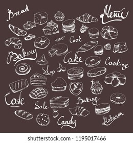 Various cakes & bakery doodle vector set. Lettering. Bakery cafe. White on dark