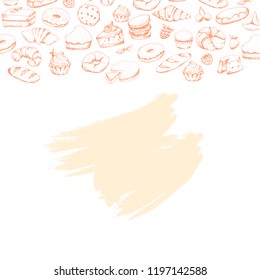Various cakes & bakery doodle vector set. Bakery cafe. Text place, card, menu, logo