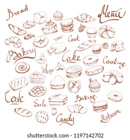 Various cakes & bakery doodle vector set. Lettering. Bakery cafe. Brown on white