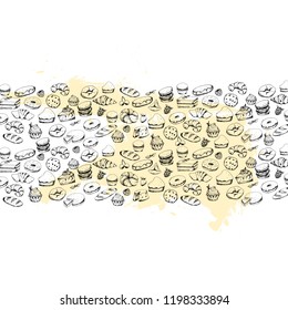 Various cakes & bakery doodle vector set. Bakery cafe. Text place, card, menu, logo