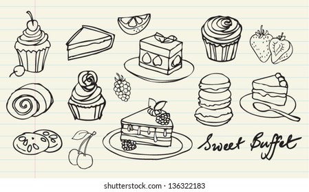 Various cakes & dessert doodle vector set