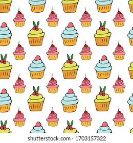 Verschiedene Kuchen auf weißem Hintergrund, nahtloses Muster. Handzeichnung. Für Gewebe, Druck, Design, Website, Cover.