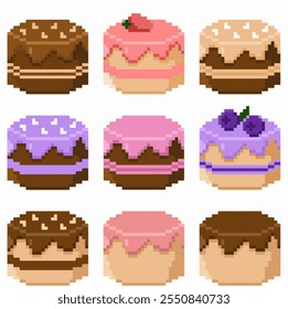 various cakes in pixel graphics. set