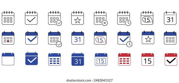 Diversos íconos de calendario en diferentes formatos y colores para Sitios web y recursos gráficos.