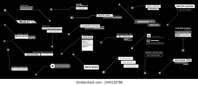 Various Callouts titles in futuristic style HUD. Callout bar labels, information call box interface. Modern bars digital info boxes layout templates. Vector interface elements HUD, UI, UX. Vector set