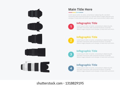 various camera lens set collection with some point title description for information template - vector illustration