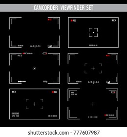 Various Camera Screens With White Frame, Figures And Battery Symbol. Camcorder Viewfinder Set On Black Background. Vector Illustration For Your Graphic Design.