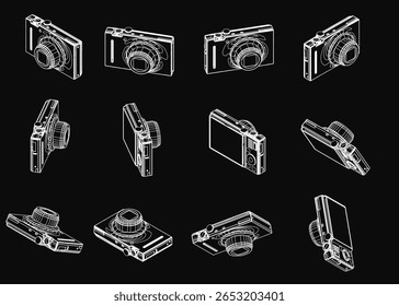 Various camera sketches in white stand out against a black background, showcasing detailed designs and unique shapes. The contrast highlights each camera's distinct features.