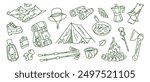 Various camping equipment and outdoor adventure icons, including a tent, backpack, campfire, and cooking gear. Green outline. Travel doodle illustration.