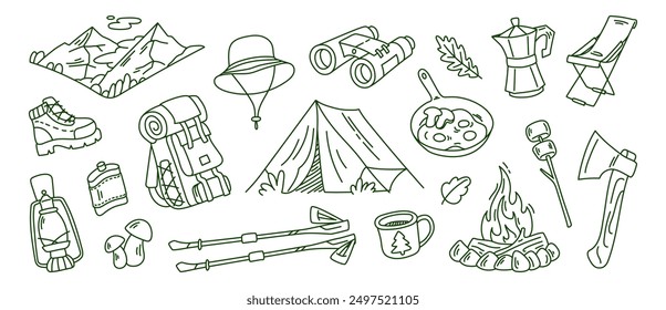 Various camping equipment and outdoor adventure icons, including a tent, backpack, campfire, and cooking gear. Green outline. Travel doodle illustration.