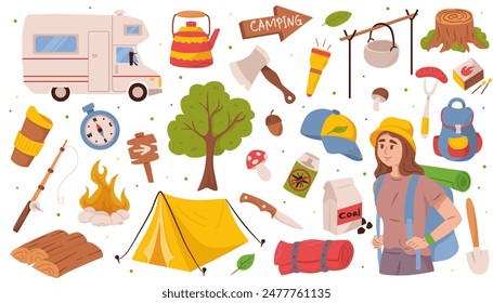 Various camping gear and a woman on a white background. Vector illustration