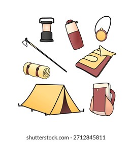 Various camping items including a tent, sleeping bag, lantern, backpack, and hiking pole