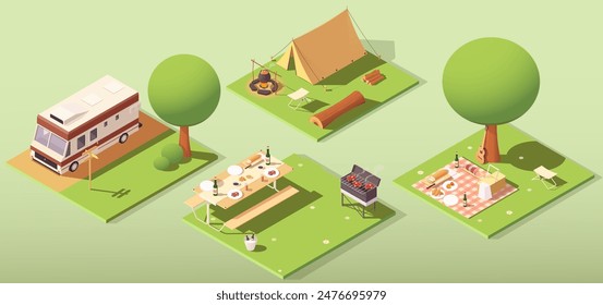 Varias configuraciones de camping y picnic, estilo isométrico sobre un fondo verde claro. Concepto de actividades al aire libre y ocio. Ilustración vectorial