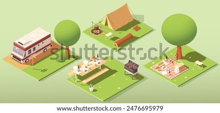 Various camping and picnic setups, isometric style on a light green background. Concept of outdoor activities and leisure. Vector illustration