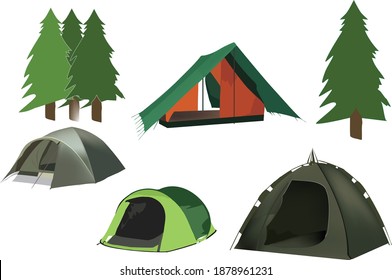 various camping tents with pine figures