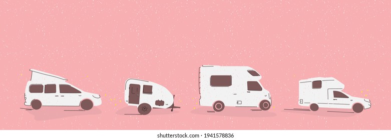 Various camping van, trailer, road house, camping caravan. Concept of vacation on road, traveling by car, rent a motorhome. Vector illustration in hand drawing style with colored pencils. Copy space