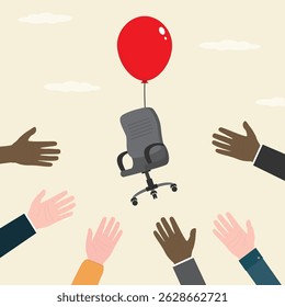 Various candidates catching vacancy chair, human resources, HR recruitment concept, candidates hands trying to grab office chair flying in the air with balloon. We are hiring. flat vector illustration