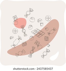 Various candies and chocolates falling. Candy background