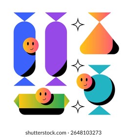 Various candies, sweets set. Different wrappers, colors, shapes. Fruits, chocolate, caramel, lollipops, chewy candies. Sugar confectionery concept. Flat vector illustration on white background.