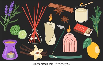Varias velas, diversos objetos y plantas aromáticas, aromaterapia de cera natural, vela artesanal con aceites esenciales, ilustraciones de vectores a mano, objetos vectoriales aislados.