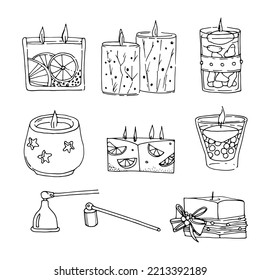 Various Candles with candle tools. Unique fashion candles, organic Candle. Decorative candles for relax and spa. Matches, candle snuffer. Hand drawn doodle Vector set