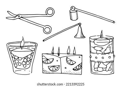 Varias velas con herramientas de velas. velas de moda únicas, velas orgánicas. Las velas decorativas para relajarse y el spa. Coincidencias, sonrisa con velas. Juego de vectores de moda de doodle dibujado a mano