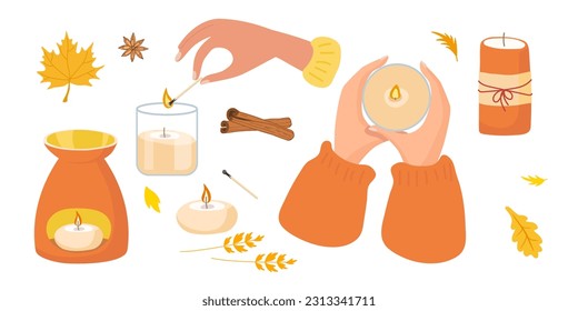 Various candles for cosy autumn evening. Candle set. Burning candle in glass jar, wax cylindrical candle, aroma lamp, Aromatherapy, relaxation elements. Cozy glowing decoration objects. Autumn mood