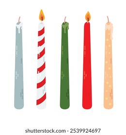 Varias velas. Diferentes colores y tamaños. Pilar, candelabro. Velas de cera decorativas para relajarse y spa. Puñal de velas. Conjunto de Vectores