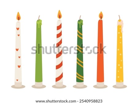 Various Candles. Different color and sizes. Decorative wax candles for relax and spa. Hand drawn Vector set