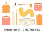 Various Candles. Different shapes and sizes. Pillar, jar candle, square, container candle, heart shaped. Decorative wax candles for relax and spa. Matches, candle snuffer. Hand drawn Vector set