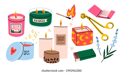 Various Candles. Different shapes and sizes. Pillar, jar candle, square, container candle, multi wick. Decorative wax candles for relax and spa. Matches, candle snuffer. Hand drawn Vector set