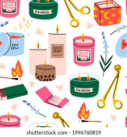 Various Candles. Different shapes and sizes. Pillar, jar candle, square, container candle, multi wick. Decorative wax candles for relax and spa. Hand drawn Vector square seamless Pattern, wallpaper