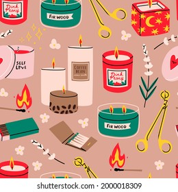 Various Candles. Different shapes and sizes. Pillar, jar candle, square, container candle, multi wick. Decorative wax candles for relax and spa. Hand drawn Vector square seamless Pattern, wallpaper