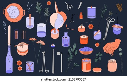 Various Candles. Different shapes and sizes. Pillar, jar candle, square, container candle, multi wick. Decorative wax candle making for relax and spa. Matches, candle snuffer. Hand draw vector set.