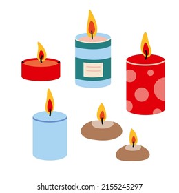 Various Candles. Different shapes and sizes, cartoon style. Trendy modern vector illustration isolated on white background, hand drawn, flat design. 