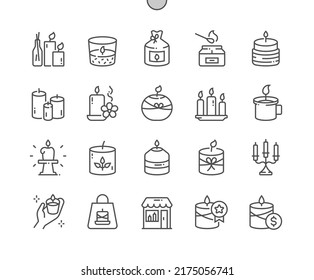 Various candles. Different shapes and sizes. Decorative wax candles for relax and spa. Pixel Perfect Vector Thin Line Icons. Simple Minimal Pictogram