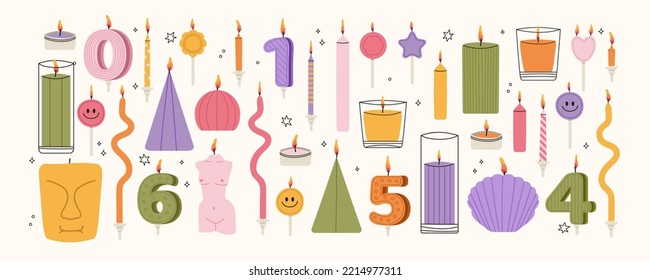 Various Candles. Different shapes and sizes. Decorative wax bright candles for relax and spa.Cute handmade perfumed decoration.  Hand drawn Vector illustration.Home aromatherapy, hygge home decoration