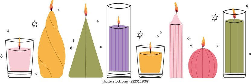 Verschiedene Kerzen. Unterschiedliche Formen und Größen. Dekorative Wachs helle Kerzen für Entspannung und Spa.Die handgefertigte Einrichtung. Handgezeichnete Vektorgrafik.Hausgemachte Aromatherapie, hausgemachte Hausdekoration
