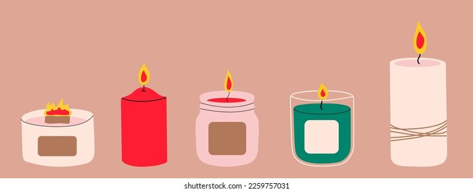 Various Candles. Different shapes and sizes. Pillar, jar candle, square, container candle, multi wick. Decorative wax candles for relax and spa. 