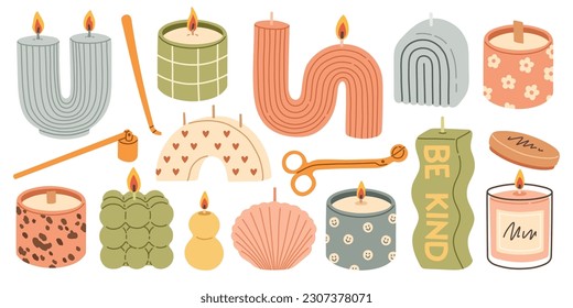 Various Candles. Different shapes and sizes. Pillar, jar candle, square, container candle. Hand drawn trendy Vector set