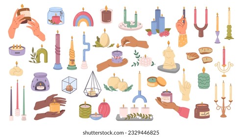 Various candles of different shapes and sizes. Elements for home decoration or aromatherapy. Hand drawn vector jar candle, square, container with multi wick. Decorative relax and spa objects