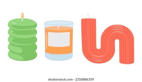 Various Candles. Different shapes and sizes. Pillar, jar candle, square, container candle, multi wick. Decorative wax candles for relax and spa. Matches, candle snuffer. Hand drawn Vector set