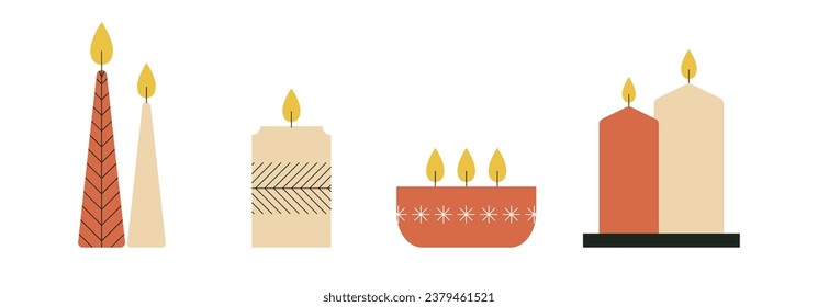 Various Candles. Different shapes and sizes. Collection of modern Xmas candles made of soy and wax. Decorative wax candles for Christmas, vector illustration. Flat trendy abstract style, isolated.