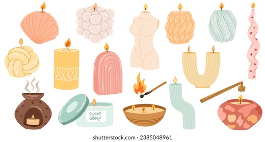 Various Candles. Different shapes and sizes. Pillar, jar candle, square, container candle. Hand drawn trendy Vector illustration set