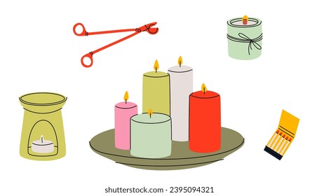 Various Candles. Different shapes and sizes. Pillar, jar candle, square, container candle, multi wick. Decorative wax candles for relax and spa. Matches, candle snuffer. Hand drawn Vector set