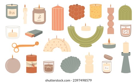 Verschiedene Kerzen. Unterschiedliche Formen und Größen. Säulen, Marmelade, Quadrat, Behälterkerze. Dekorative Wachkerzen für Entspannung und Spa. Matches, Kerzenschnupfen. Vektorgrafik.