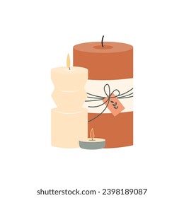 Various Candles. Different shapes and sizes.  Decorative wax candles for relax and spa.  Vector illustration.