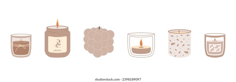 Varias Velas. Formas y tamaños diferentes.  Las velas de cera decorativas permiten relajarse y disfrutar del spa.  Ilustración vectorial.