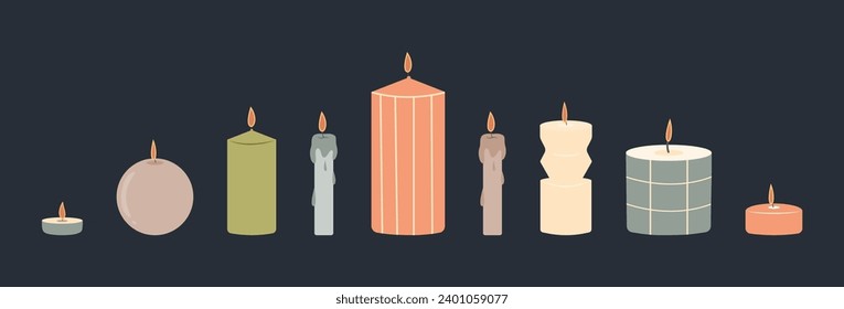 Various Candles. Different shapes and sizes.  Decorative wax candles for relax and spa.  Vector illustration.